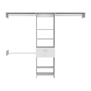 HomeRoots 98" White Manufactured Wood Cabinet with 5 Shelves, 1 Drawer & 3 Hanging Rods for Stylish Storage 478425