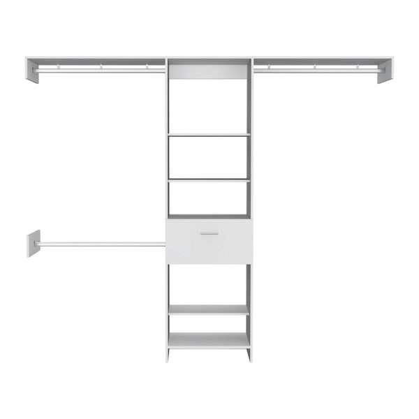 HomeRoots 98" White Manufactured Wood Cabinet with 5 Shelves, 1 Drawer & 3 Hanging Rods for Stylish Storage 478425