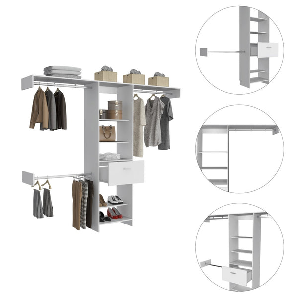 HomeRoots 98" White Manufactured Wood Cabinet with 5 Shelves, 1 Drawer & 3 Hanging Rods for Stylish Storage 478425
