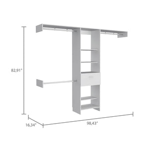 HomeRoots 98" White Manufactured Wood Cabinet with 5 Shelves, 1 Drawer & 3 Hanging Rods for Stylish Storage 478425