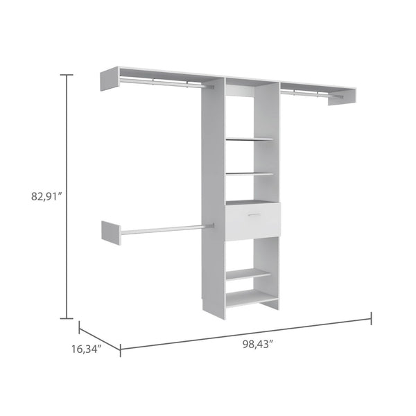 HomeRoots 98" White Manufactured Wood Cabinet with 5 Shelves, 1 Drawer & 3 Hanging Rods for Stylish Storage 478425