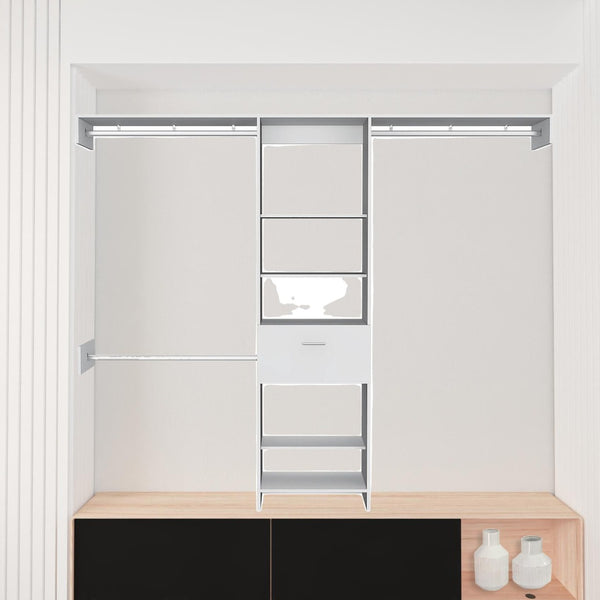 HomeRoots 98" White Manufactured Wood Cabinet with 5 Shelves, 1 Drawer & 3 Hanging Rods for Stylish Storage 478425