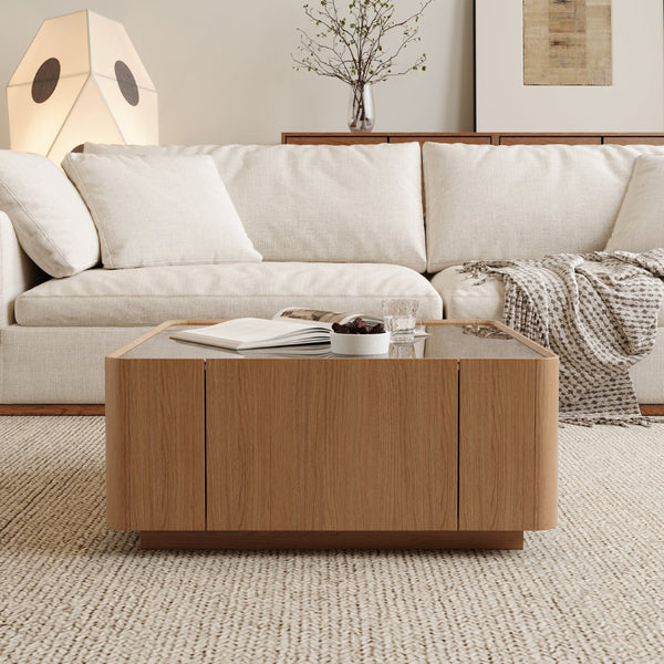 English Elm 31.5-inch Square Walnut Coffee Table Tempered Glass Top with Hidden Storage Drawers W2263P458486