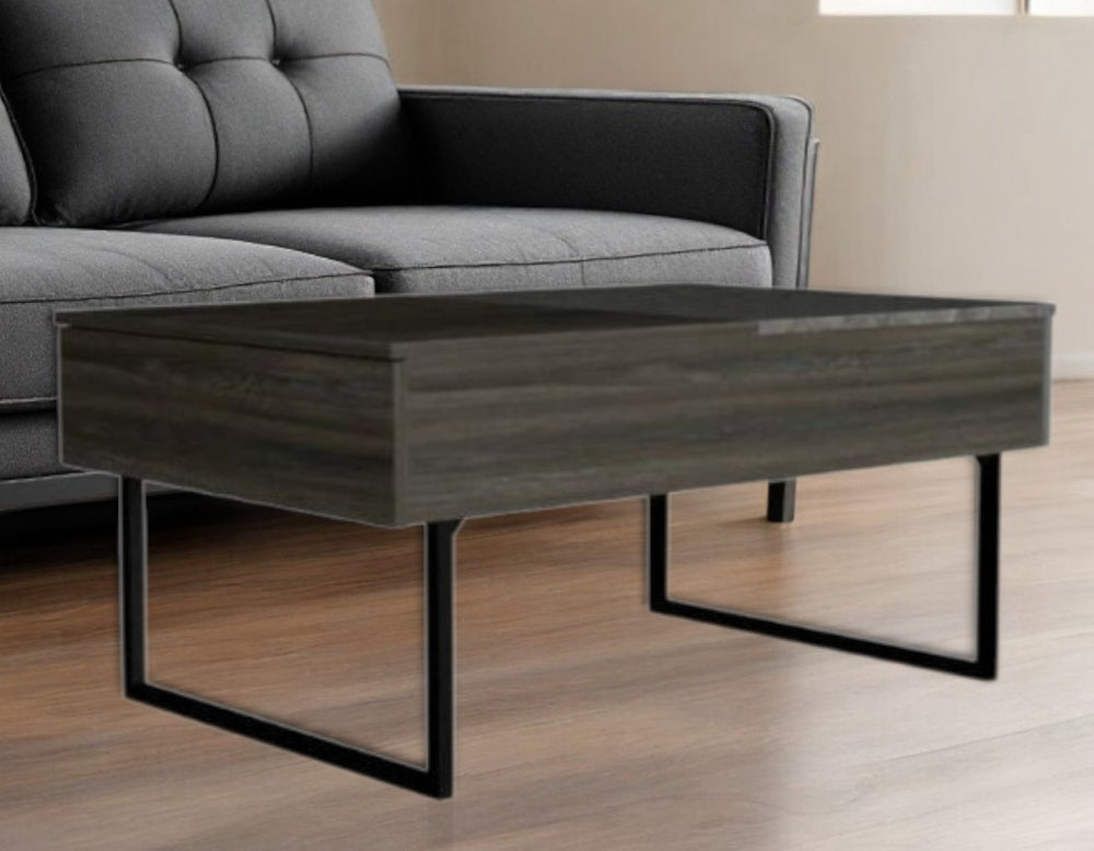 HomeRoots 39" Espresso & Black Metal Lift-Top Coffee Table with Storage Drawer for Modern Living Spaces 478433