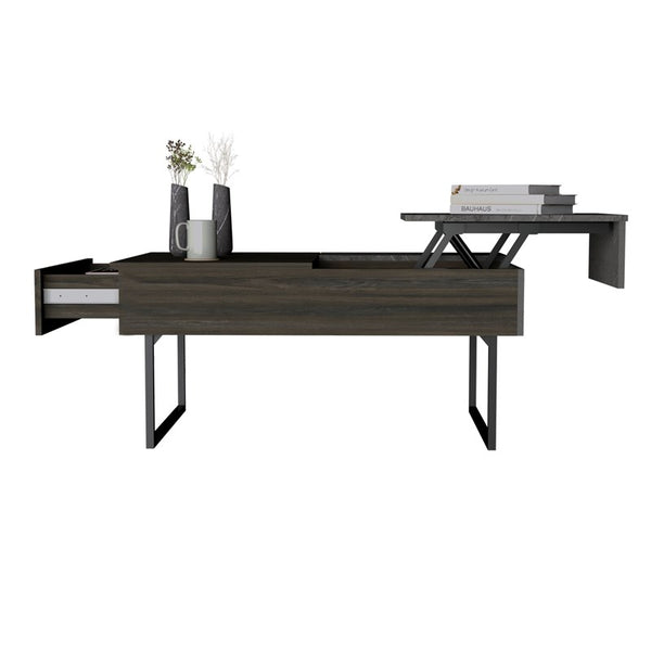 Homeroots 39" Espresso And Black Metal Lift Top Coffee Table With Drawer   478433