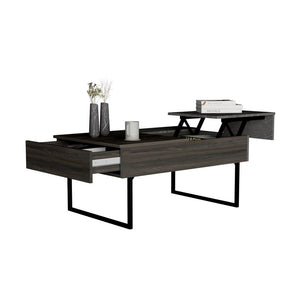 Homeroots 39" Espresso And Black Metal Lift Top Coffee Table With Drawer   478433