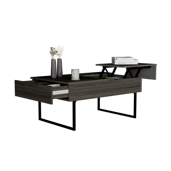 Homeroots 39" Espresso And Black Metal Lift Top Coffee Table With Drawer   478433