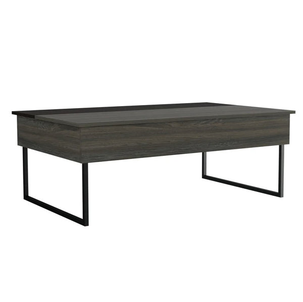 Homeroots 49" Espresso And Black Metal Lift Top Coffee Table With Two Shelves   478434