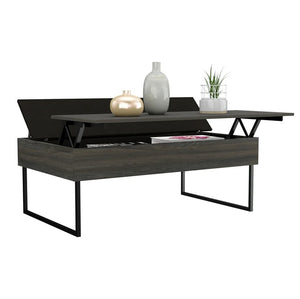 Homeroots 49" Espresso And Black Metal Lift Top Coffee Table With Two Shelves   478434
