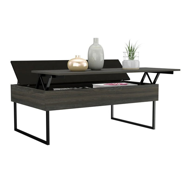 Homeroots 49" Espresso And Black Metal Lift Top Coffee Table With Two Shelves   478434