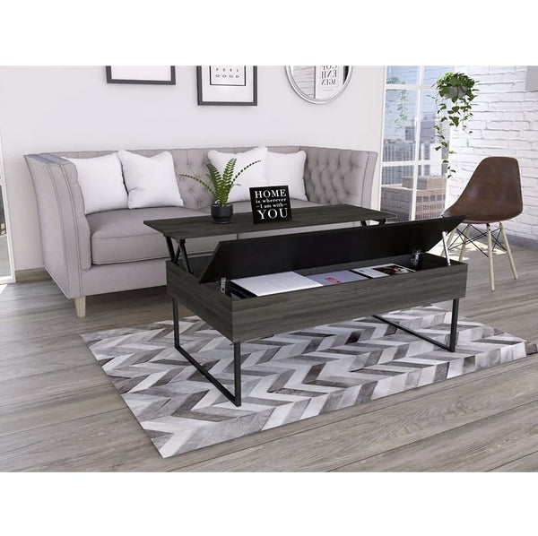 Homeroots 49" Espresso And Black Metal Lift Top Coffee Table With Two Shelves   478434