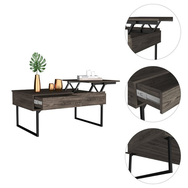 Homeroots 40" Dark Brown And Black Metal Lift Top Coffee Table With Drawer   478435