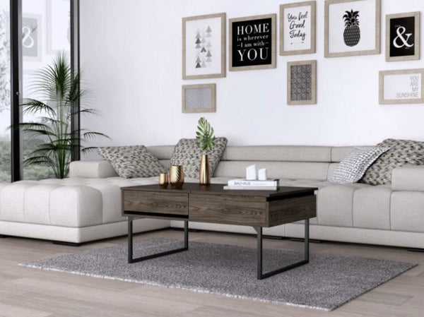 Homeroots 40" Dark Brown And Black Metal Lift Top Coffee Table With Drawer   478435