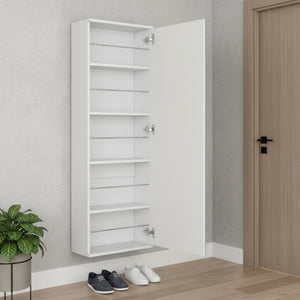 HomeRoots White Wall-Mounted Shoe Rack – Stylish 10-Pair Storage with Mirrored Door for Modern Spaces 478443
