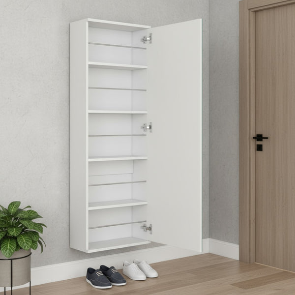 HomeRoots White Wall-Mounted Shoe Rack – Stylish 10-Pair Storage with Mirrored Door for Modern Spaces 478443