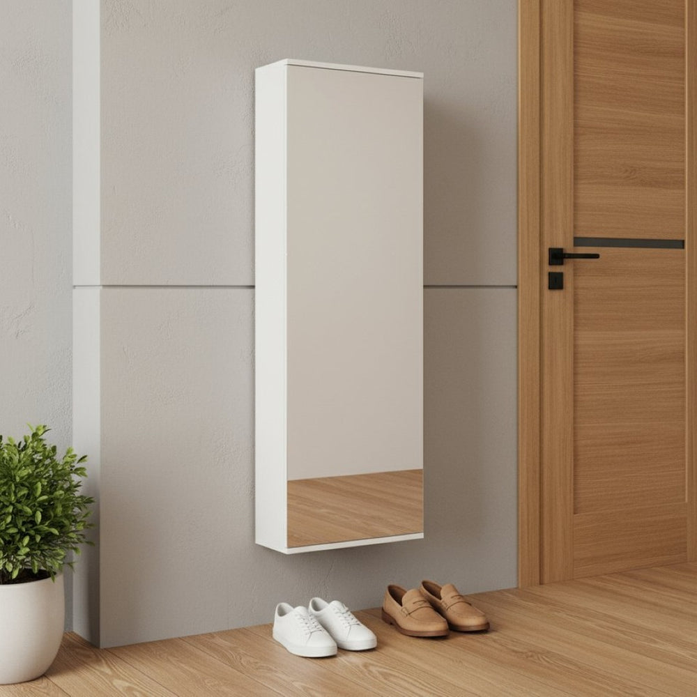 HomeRoots White Wall-Mounted Shoe Rack – Stylish 10-Pair Storage with Mirrored Door for Modern Spaces 478443