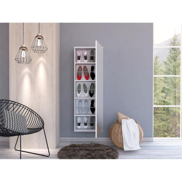 HomeRoots White Wall-Mounted Shoe Rack – Stylish 10-Pair Storage with Mirrored Door for Modern Spaces 478443