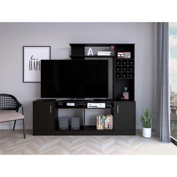 HomeRoots 78" Black Wood Open Shelving Entertainment Center - Modern TV Stand with Storage & Cable Management 478446