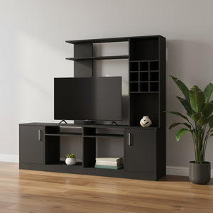 HomeRoots 78" Black Wood Open Shelving Entertainment Center - Modern TV Stand with Storage & Cable Management 478446