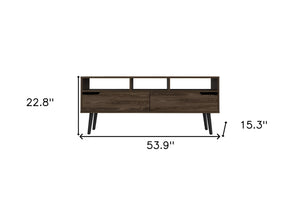 HomeRoots 54" Dark Brown Wood TV Stand with Stylish Enclosed Storage, Open Shelves, and Cable Management Solution 478448
