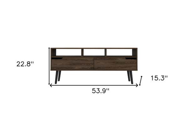 HomeRoots 54" Dark Brown Wood TV Stand with Stylish Enclosed Storage, Open Shelves, and Cable Management Solution 478448