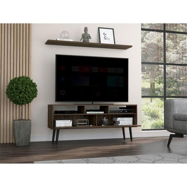 HomeRoots 54" Dark Brown Wood TV Stand with Stylish Enclosed Storage, Open Shelves, and Cable Management Solution 478448