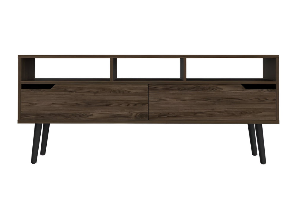 HomeRoots 54" Dark Brown Wood TV Stand with Stylish Enclosed Storage, Open Shelves, and Cable Management Solution 478448