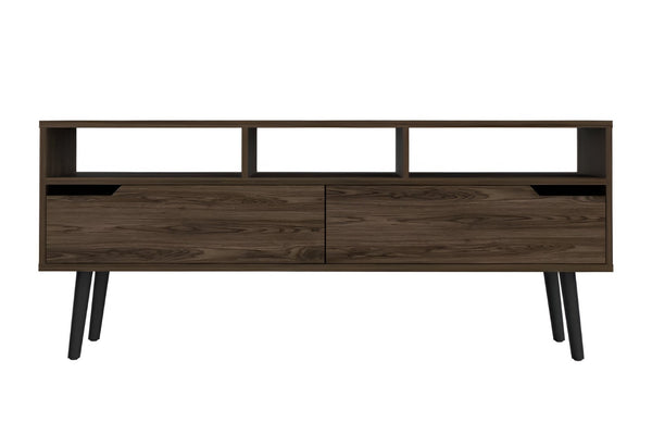 HomeRoots 54" Dark Brown Wood TV Stand with Stylish Enclosed Storage, Open Shelves, and Cable Management Solution 478448