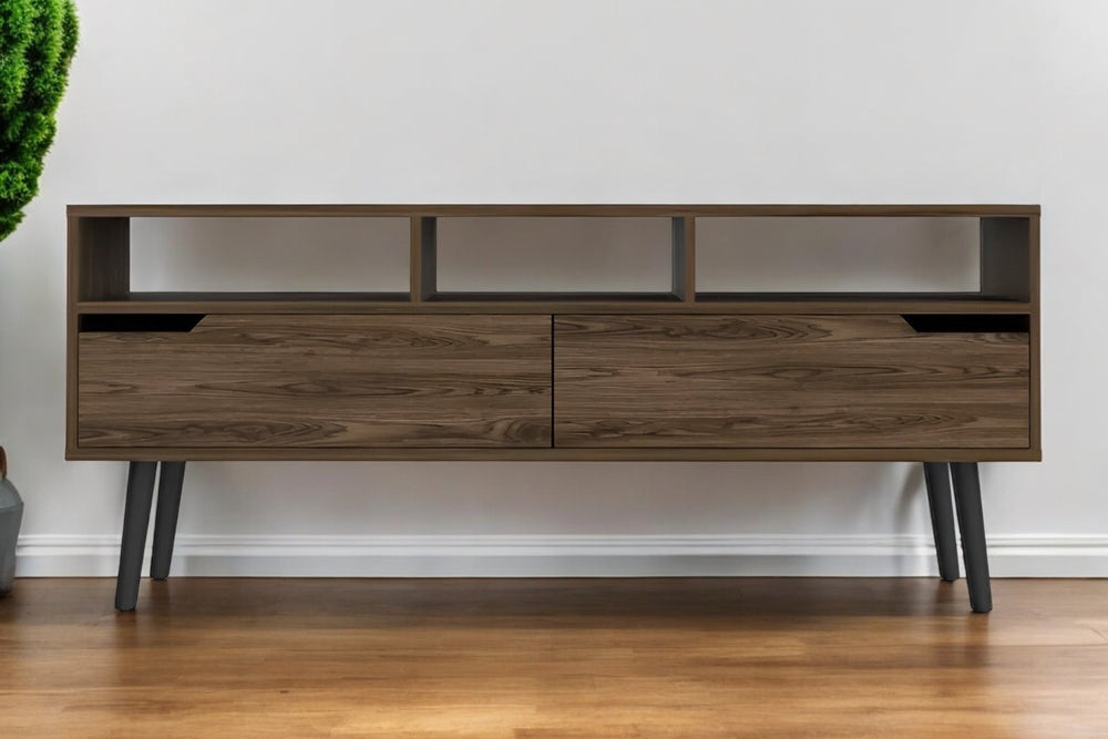 HomeRoots 54" Dark Brown Wood TV Stand with Stylish Enclosed Storage, Open Shelves, and Cable Management Solution 478448