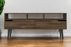 HomeRoots 54" Dark Brown Wood TV Stand with Stylish Enclosed Storage, Open Shelves, and Cable Management Solution 478448