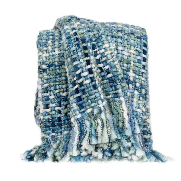 Homeroots 52" X 67" Blue And Green Woven Cotton Blend Throw Blanket With Tassels  Cotton Blend 478503