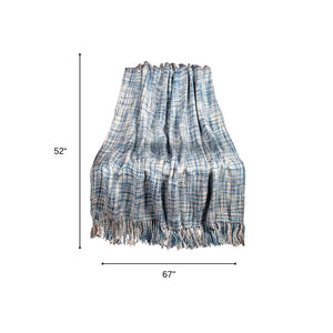 Homeroots 52" X 67" Blue And Green Woven Cotton Blend Throw Blanket With Tassels  Cotton Blend 478503