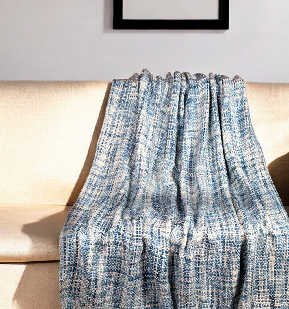 Homeroots 52" X 67" Blue And Green Woven Cotton Blend Throw Blanket With Tassels  Cotton Blend 478503