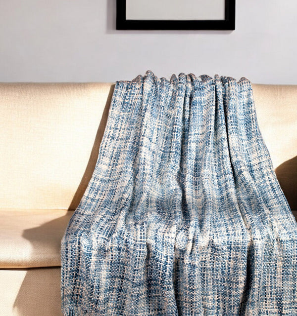 Homeroots 52" X 67" Blue And Green Woven Cotton Blend Throw Blanket With Tassels  Cotton Blend 478503