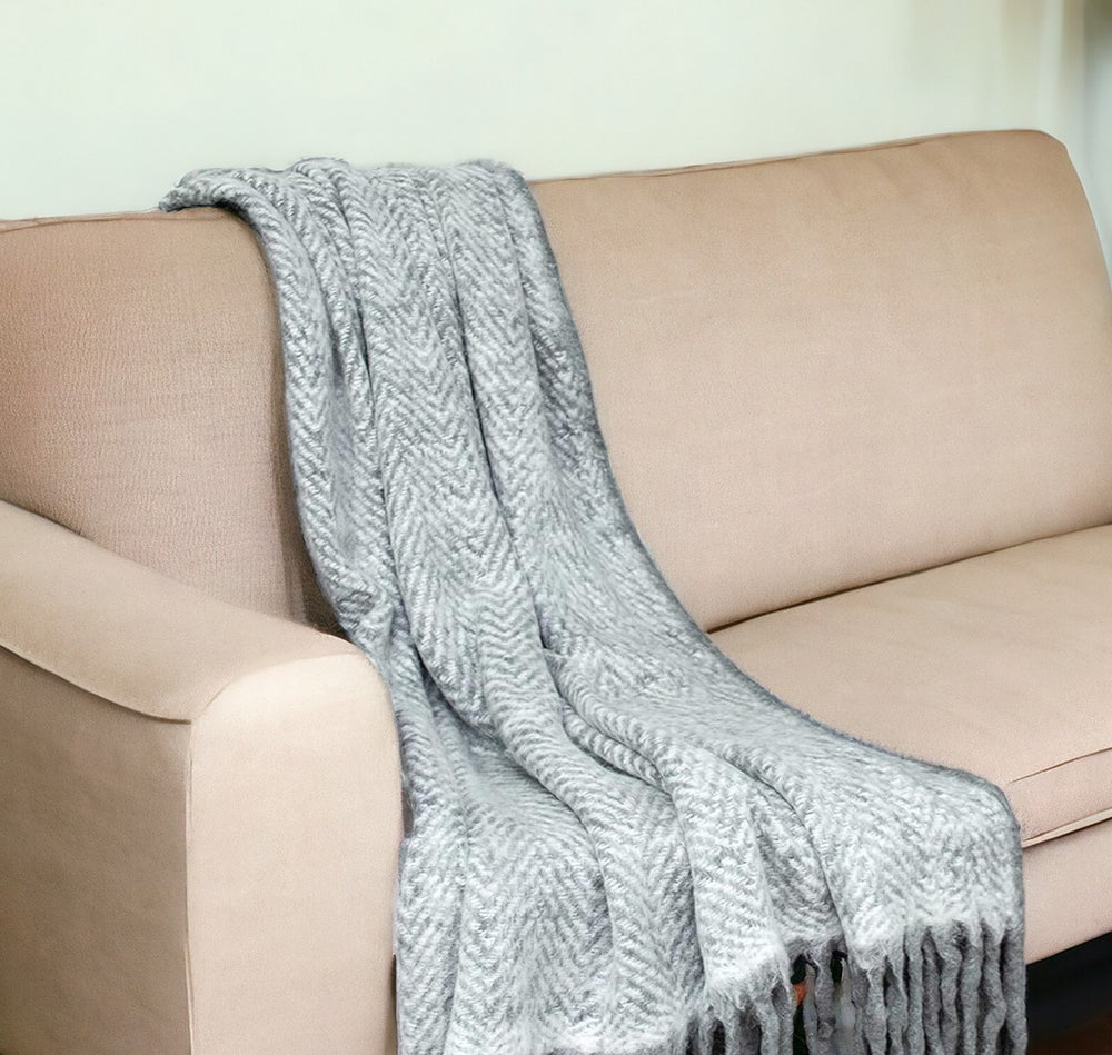 Homeroots 52" X 67" Gray And Ivory Hand Woven Mohair Wool Chevron Throw Blanket With Fringe  Mohair 478518