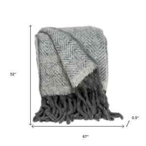 Homeroots 52" X 67" Gray And Ivory Hand Woven Mohair Wool Chevron Throw Blanket With Fringe  Mohair 478518