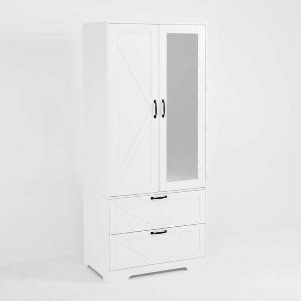 English Elm 2 Door White Wardrobe Closet with Mirror Hanging Rod Drawers and Auto Interior Light W409P167477