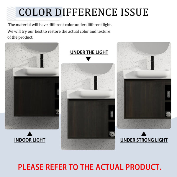English Elm 28'' Floating Bathroom Vanity with Ceramic Sink Soft Close Door Melamine Cabinet Dark Oak W999P426640
