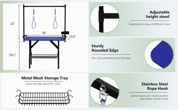 English Elm 36''large Folding Dog Grooming Table with Arm Noose Mesh Tray for Home Pet Care W3587P358723