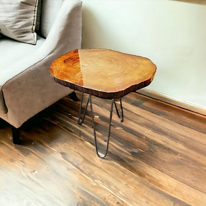 Homeroots 24" Natural Solid Wood Live Edge And Metal End Table   478599