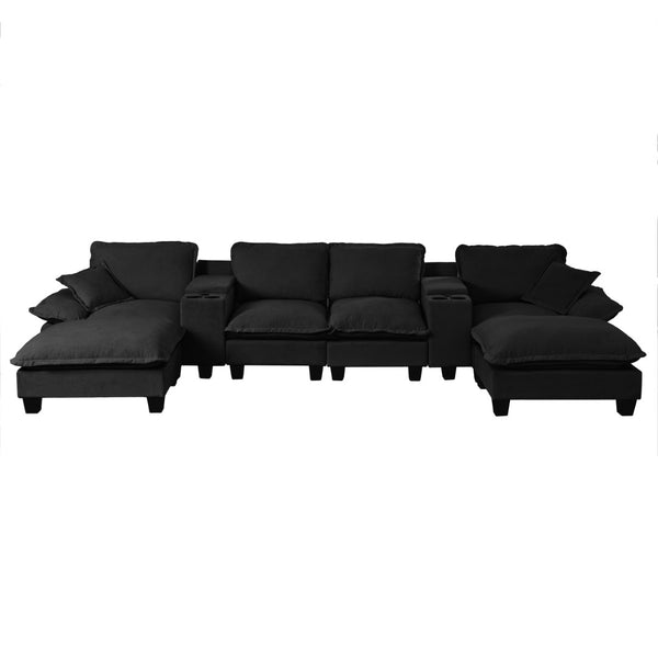 English Elm Modular U-shaped Chenille Sectional Sofa with Storage Consoles Usb Charging and Ottomans Black W3163S00125