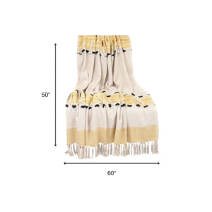 Homeroots 50" X 60" Yellow And Ivory Woven Cotton Striped Throw Blanket With Tassels  Cotton 478663