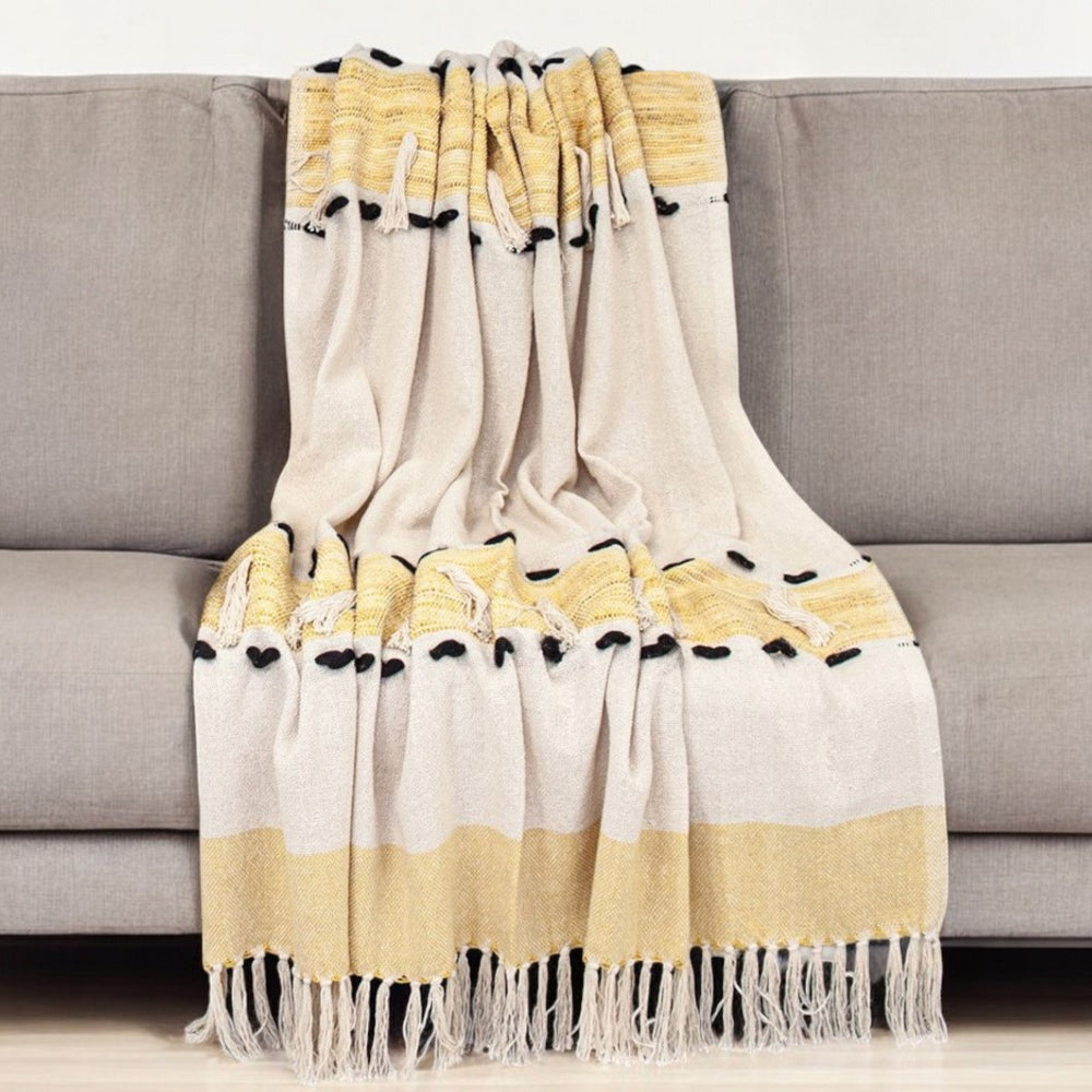 Homeroots 50" X 60" Yellow And Ivory Woven Cotton Striped Throw Blanket With Tassels  Cotton 478663
