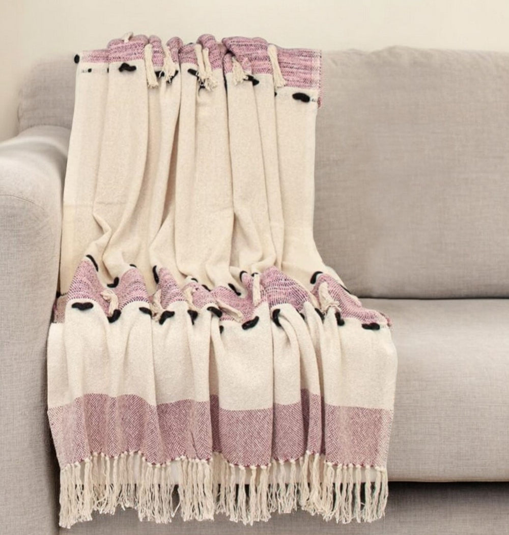 Homeroots 50" X 60" Purple And Ivory Woven Cotton Striped Throw Blanket With Tassels  Cotton 478664