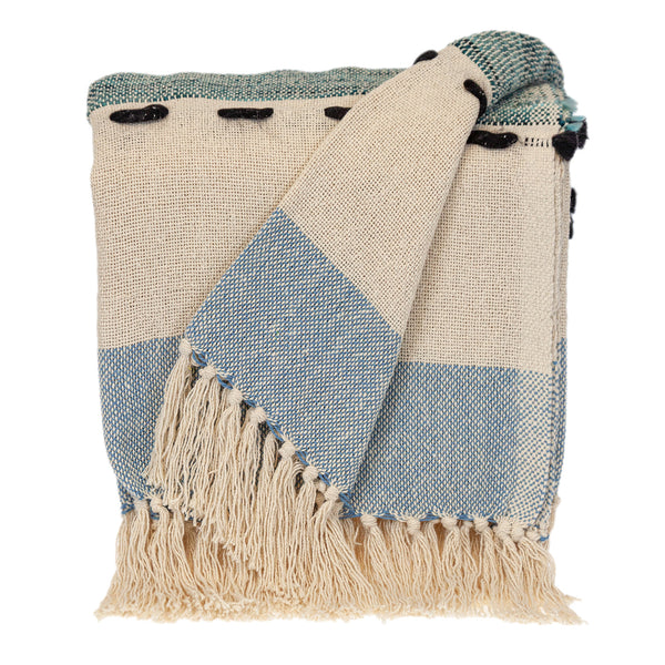 Homeroots 50" X 60" Blue And Ivory Woven Cotton Striped Throw Blanket With Tassels  Cotton 478665