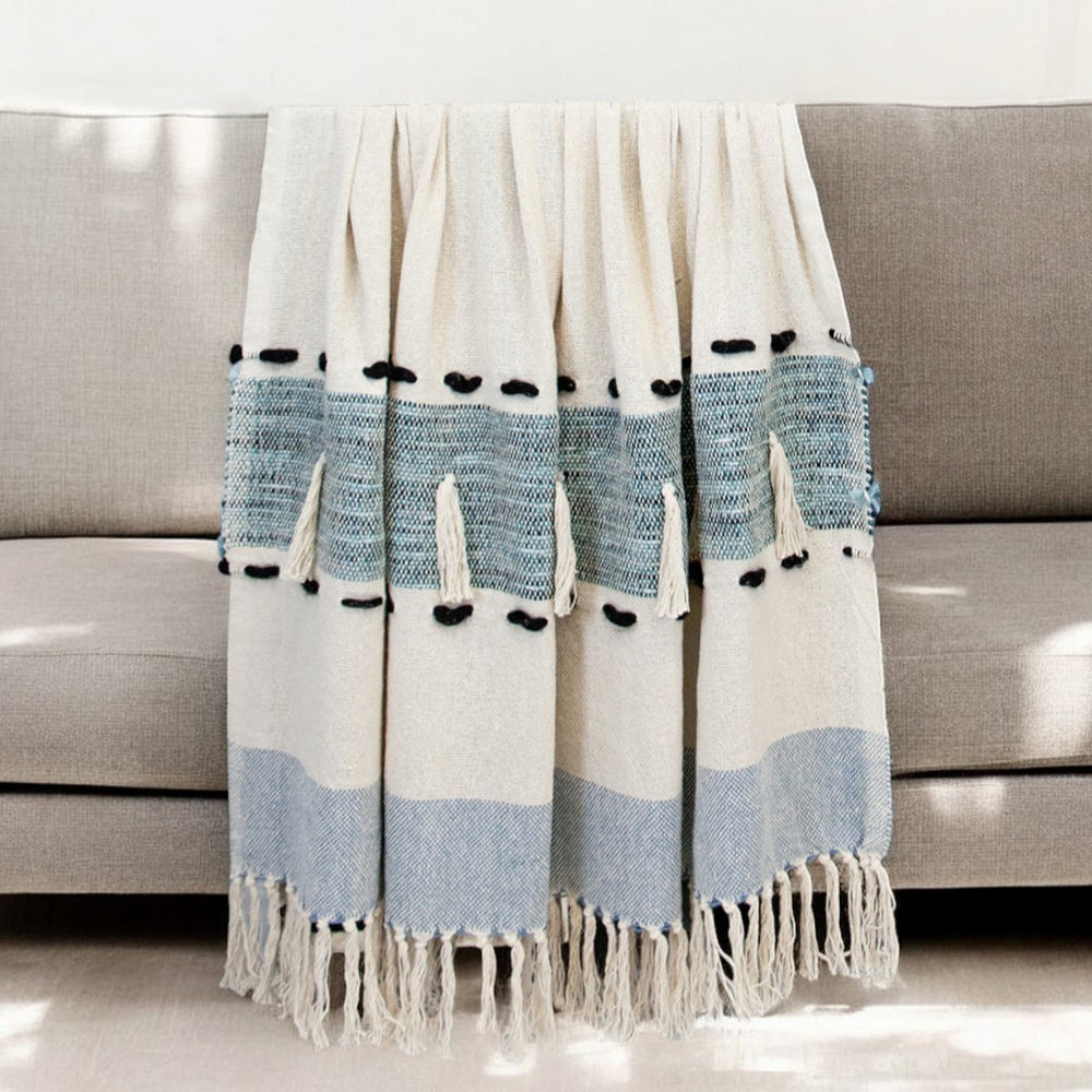 Homeroots 50" X 60" Blue And Ivory Woven Cotton Striped Throw Blanket With Tassels  Cotton 478665