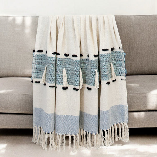 Homeroots 50" X 60" Blue And Ivory Woven Cotton Striped Throw Blanket With Tassels  Cotton 478665