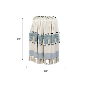 Homeroots 50" X 60" Blue And Ivory Woven Cotton Striped Throw Blanket With Tassels  Cotton 478665