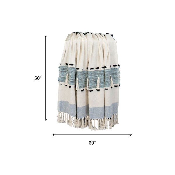 Homeroots 50" X 60" Blue And Ivory Woven Cotton Striped Throw Blanket With Tassels  Cotton 478665