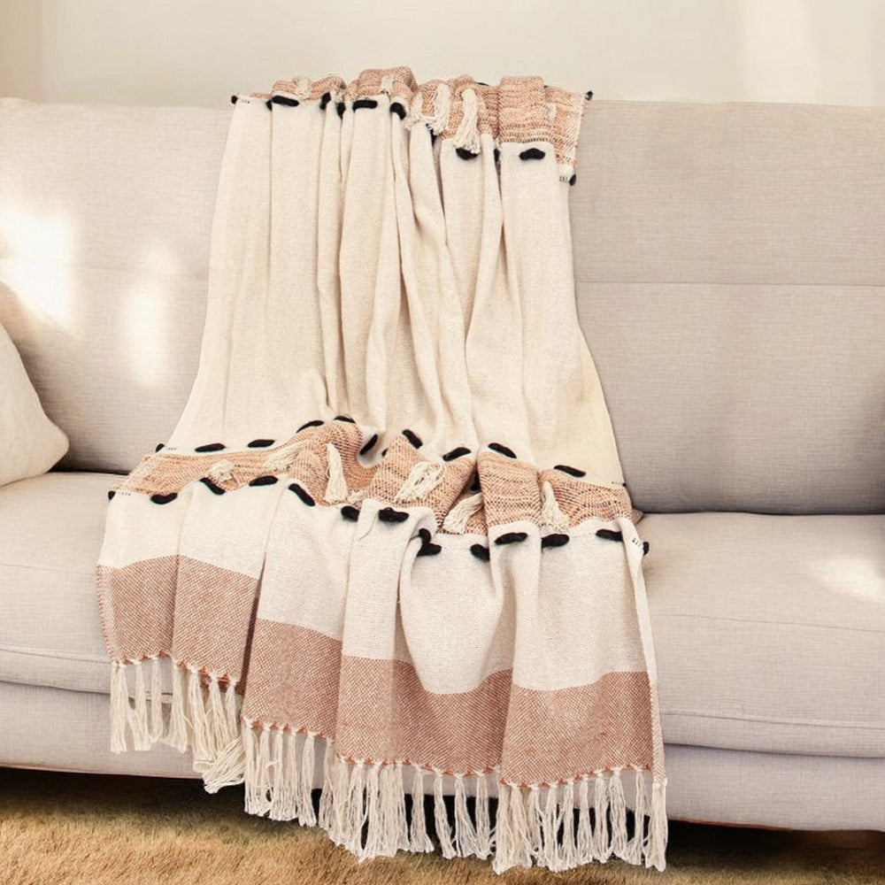 Homeroots 50" X 60" Brown And Ivory Woven Cotton Striped Throw Blanket With Tassels  Cotton 478666